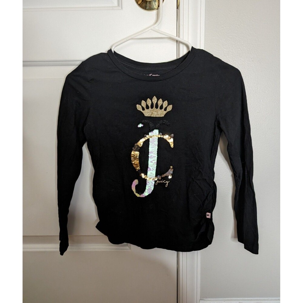 Juicy Couture Girl's Black Long Sleeve Ruched Shirt Sequins Size Medium (8-10)